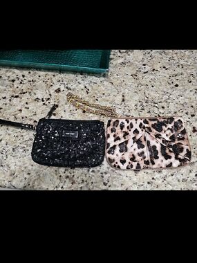 Set Of 2 Brand New Nine West Black Sequin Wristlet And Leopard Wristlet